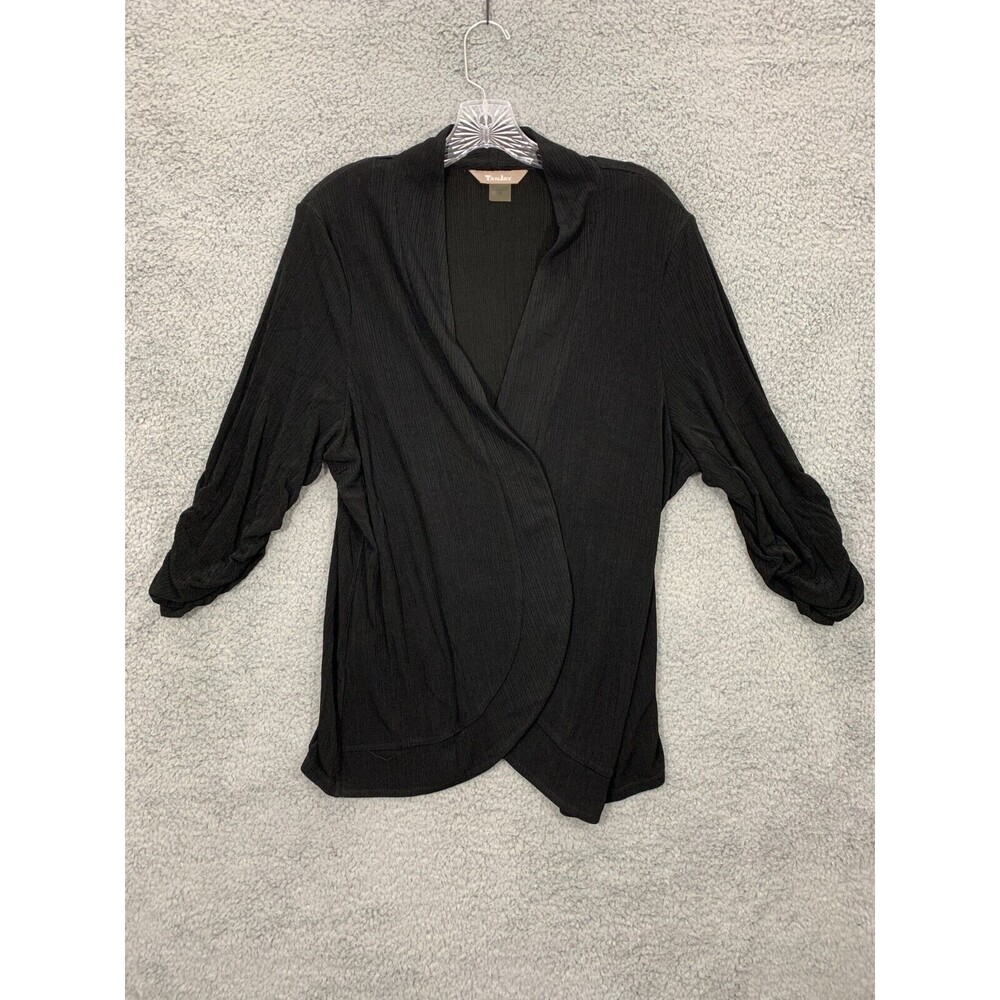 TANJAY Large (L) Black Stretch Open Front Jacket Coat Shawl Cinched Sleeves